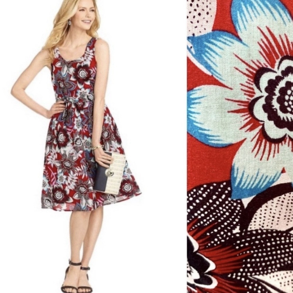 Talbots Red Floral Sleeveless‎ Tie Waist Cotton Flare Dress Pockets Size 14